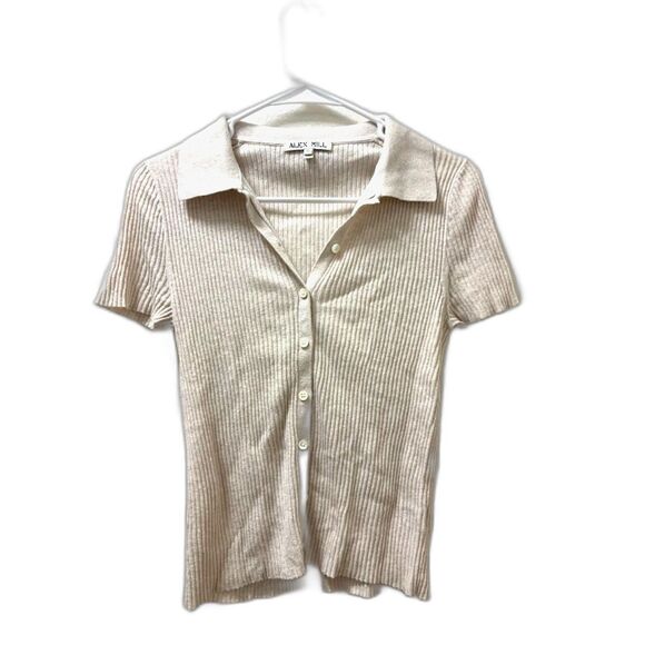 ALEX MILL Suzanne Ribbed Knit Short Sleeve Button Front Polo Top Shirt Ivory S - Picture 2 of 5